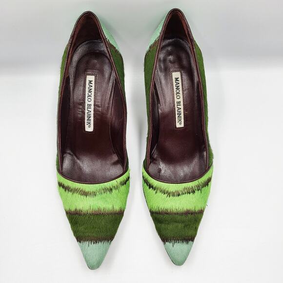 Manolo Blahnik Green Striped Pony Hair Pumps Brown Leather Trim Women's Sz 35.5 - Picture 5 of 11